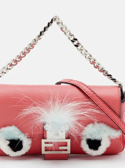 Fendi Buggie Micro Peach Orange Leather and Fur Baguette Crossbody Bag