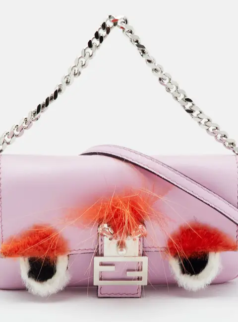 Fendi Buggie Micro Pink Leather and Fur Baguette Crossbody Bag
