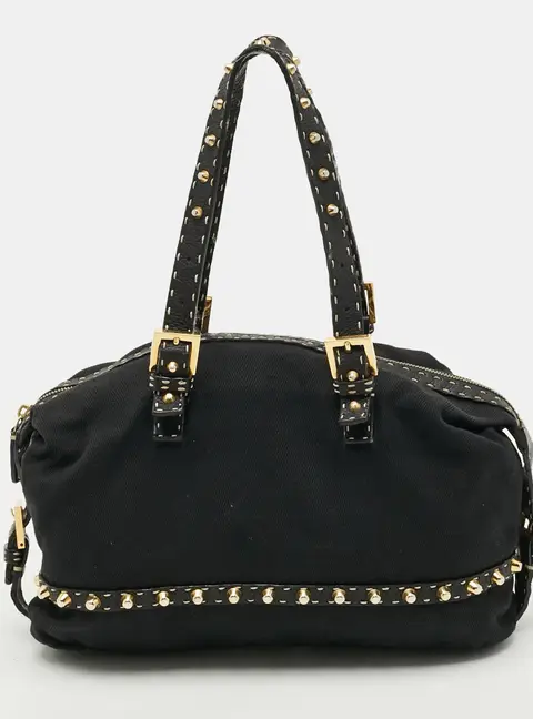 Fendi Studded Selleria Leather and Canvas Bag