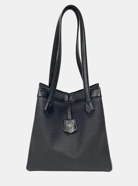 Fendi Origami Medium Black Grained Leather Top Handle Bag