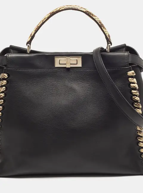 Fendi Whipstitch Peekaboo Large Leather and Python Trim Top Handle Bag