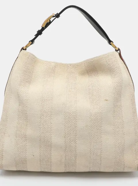 Fendi Large Pequin Striped White/Brown Canvas and Leather Hobo