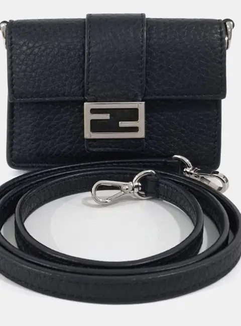 Fendi Black Leather Baguette Flap Micro Card Holder and Crossbody Bag
