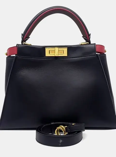 Fendi Peekaboo Regular Black Calfskin Leather Top Handle Bag