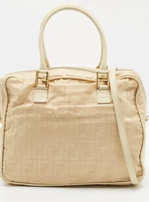 Fendi Vintage Beige Zucca Nylon and Leather Bag