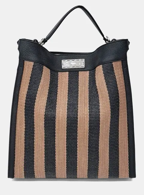 Fendi Peekaboo X-Lite Fit Beige Black Raffia Leather Top Handle Bag