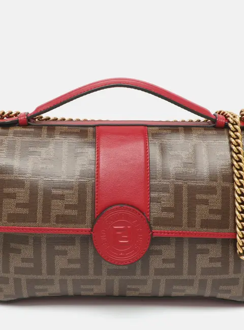 Fendi Double F Red/Tobacco Zucca Coated Canvas and Leather Top Handle Bag