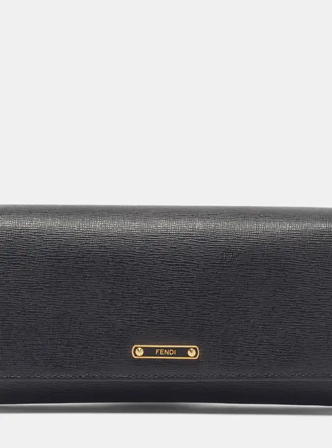 Fendi Logo Flap Black Leather Continental Wallet