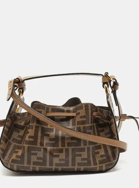 Fendi Pomodorino Mini Brown FF Coated Canvas and Leather Bucket Bag