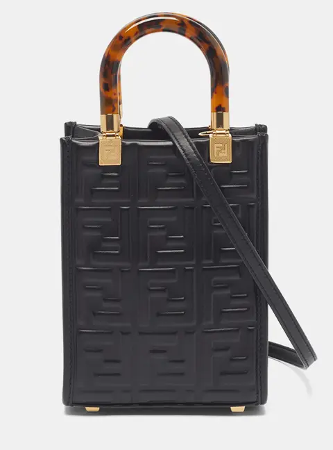 Fendi Sunshine Mini Black Zucca Embossed Leather Tote