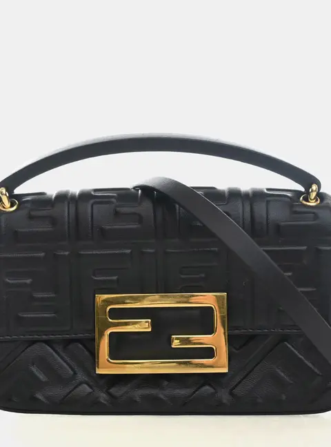 Fendi FF 1974 Embossed Mini Black Calfskin Leather Shoulder Bag