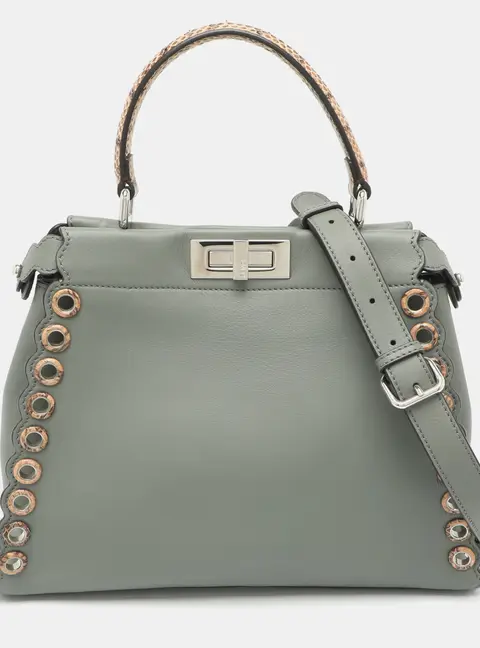 Fendi Grommet Peekabo Regular Grey Leather and Watersnake Top Handle Bag
