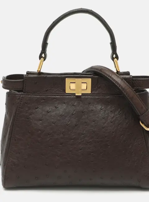 Fendi Peekaboo Mini Dark Brown Ostrich Leather Top Handle Bag
