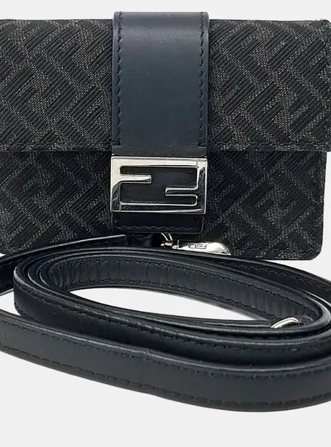 Fendi Black Canvas and Leather Flat Baguette Micro Card Holder and Crossbody Bag (7M0311)