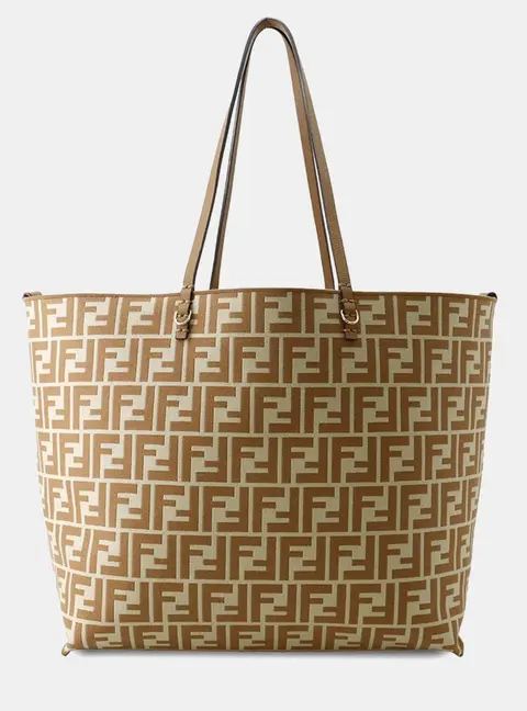 Fendi Pecan Roll Large Brown Beige Canvas Leather Tote Bag