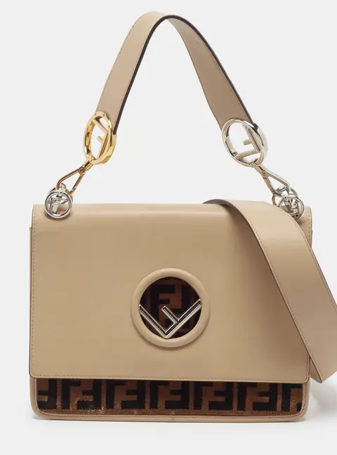 Fendi Kan I F Logo Beige/Brown FF Leather and Velvet Shoulder Bag