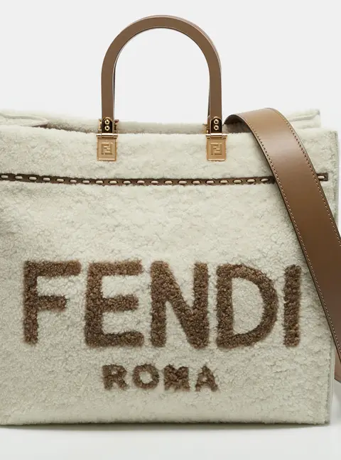 Fendi Sunshine Medium Off White/Brown Leather and Shearling Fur Tote