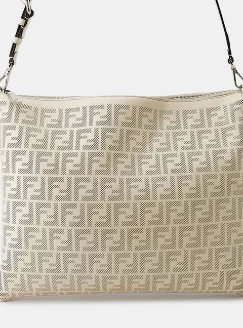 Fendi FF Logo Medium Beige Calfskin Leather Shoulder Bag