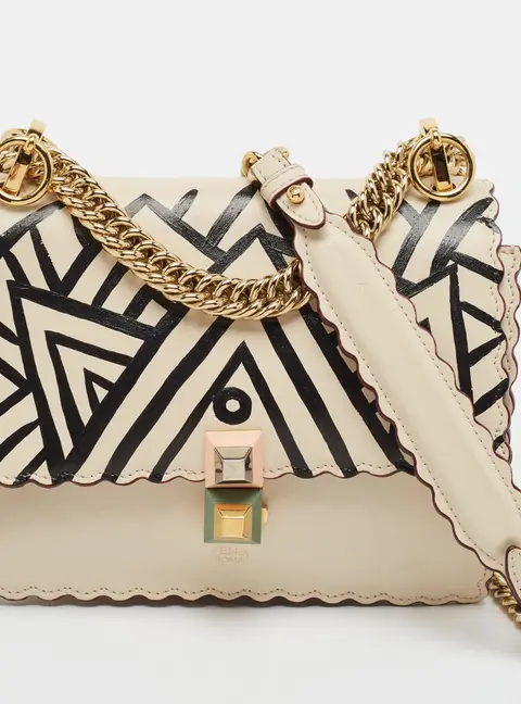 Fendi Kan I Scalloped Geometric Print Small Light Beige Leather Shoulder Bag