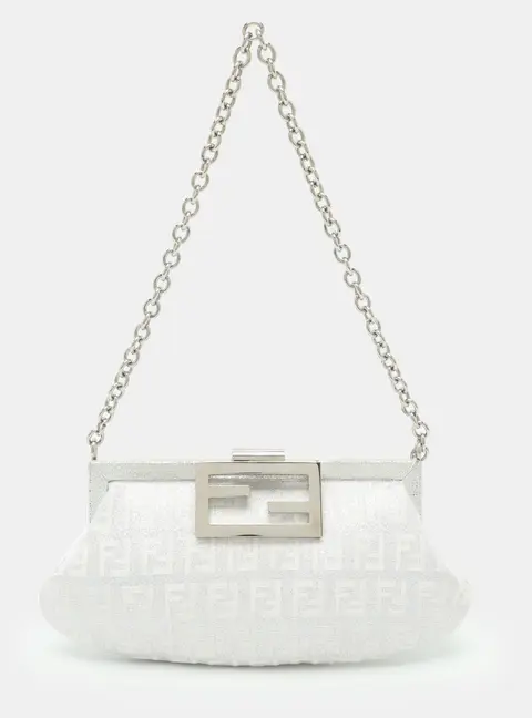 Fendi Silver Zucchino Canvas and Metallic Lurex Fabric Evening Clutch