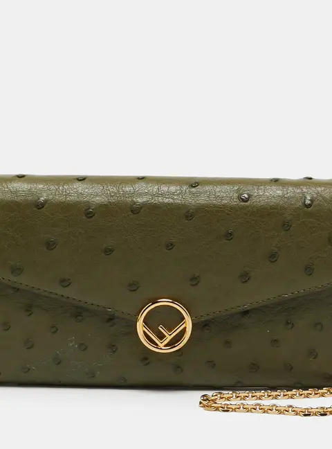 Fendi F Green Ostrich Continental Wallet on Chain