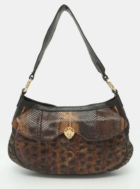 Fendi Millie Feuille Brown Zucca Canvas and Tortoise Embossed Leather/Python Hobo