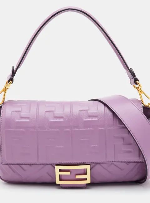 Fendi Baguette Medium 2Way Purple FF Embossed Leather Shoulder Bag