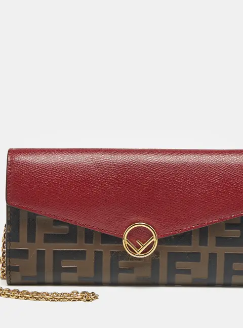 Fendi F is Fendi Brown/Red Zucca Embossed Leather Wallet On Chain