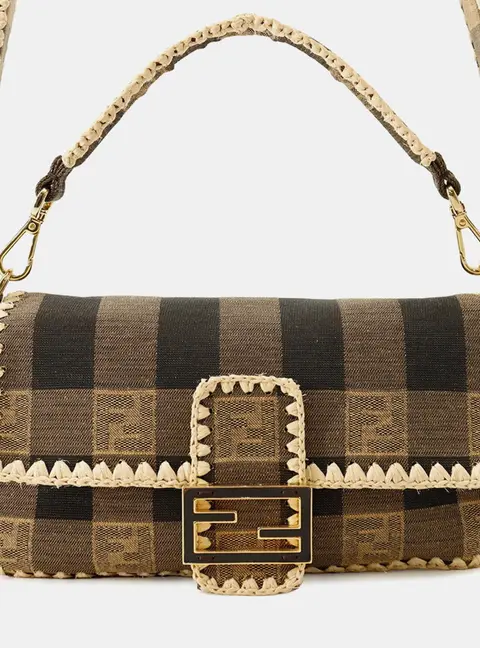 Fendi Baguette Beige Brown Raffia Canvas Shoulder Bag