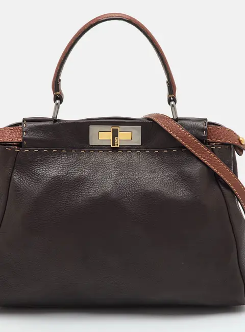 Fendi Selleria Peekaboo Medium Dark Brown Leather Top Handle Bag