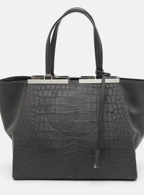 Fendi 3Jours Large Grey Croc Embossed Calf Hair and Leather Tote