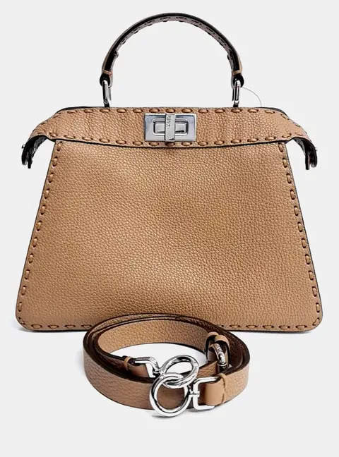 Fendi Selleria Peekaboo I See U Small Beige Grained Leather Top Handle Bag