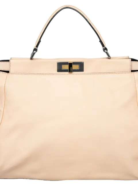 Fendi Beige/Black Leather Beads Lining Large Peekaboo Top Handle Bag