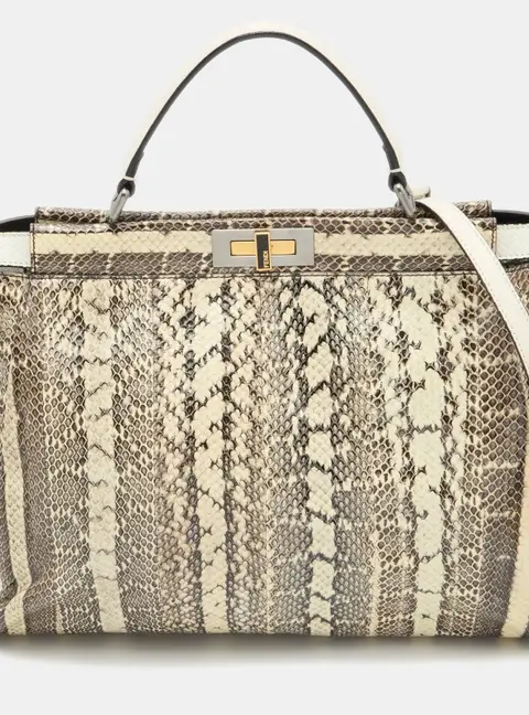 Fendi Beige/Black Python Leather Large Peekaboo Top Handle Bag