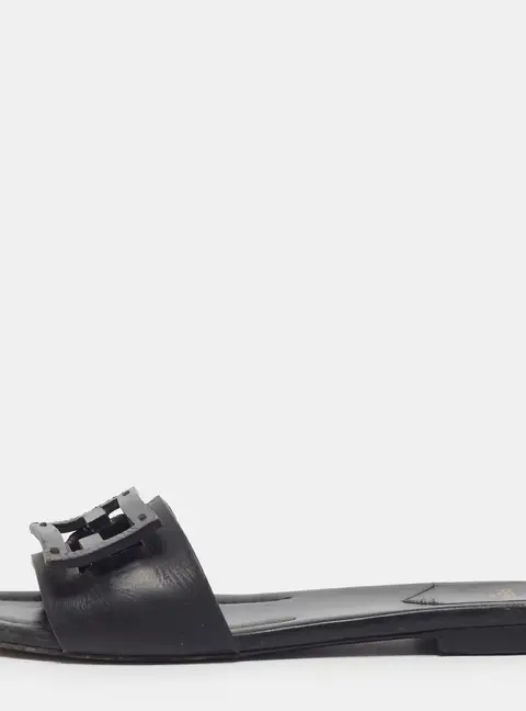 Fendi Baguette FF Cutout Size 39 Black Leather Flat Slide