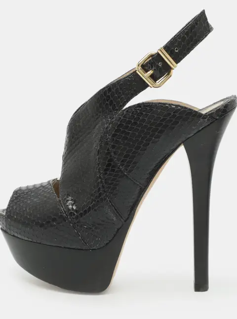 Fendi Size 36 Navy Blue Python Embossed Leather Platform Slingback Sandals