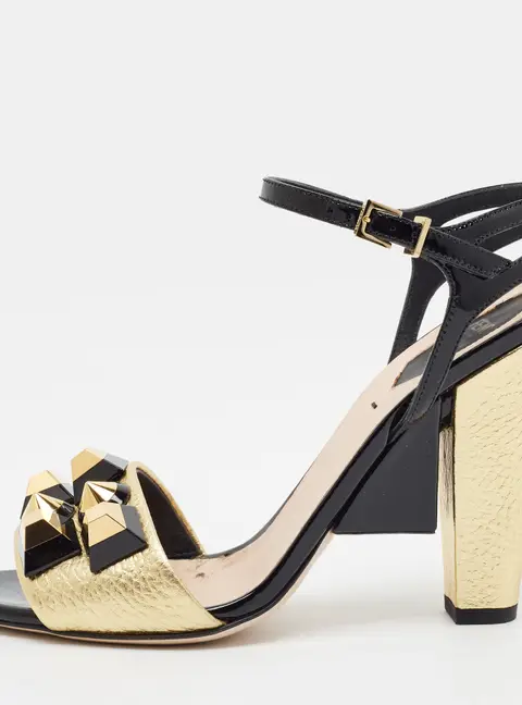 Fendi Size 38.5 Gold/Black Leather and Patent Leather Ankle Strap Sandals