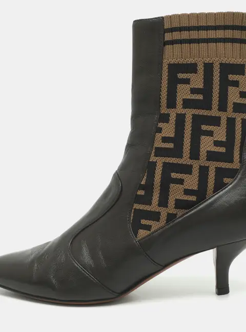 Fendi Rockoko Size 37 Brown FF Knit Fabric and Leather Ankle Length Boots