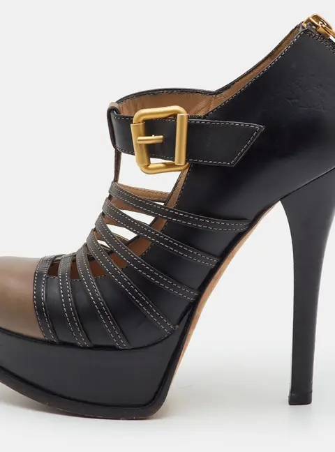 Fendi FF Size 36 Black/Grey Leather Strappy Platform Pumps