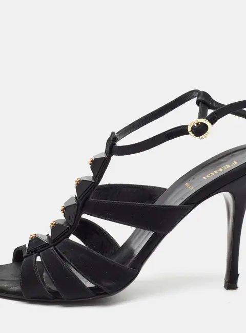 Fendi Size 39 Black Satin T Strap Studded Stiletto Heel  Sandals