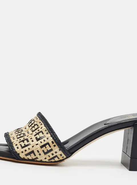 Fendi Size FF 38 Black/Beige Leather and Raffia Slide Sandals