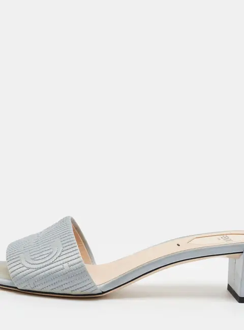 Fendi FF Size 37.5 Grey Satin Logo Embroidered Block Heel Slide Sandals