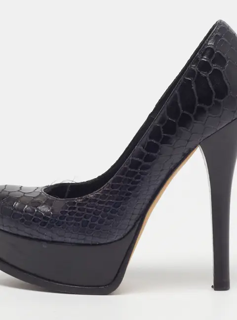 Fendi Fendista Size 36.5 Navy Blue Python Embossed Leather Platform Pumps