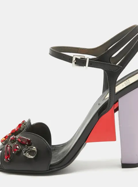 Fendi Black Leather Ankle Strap Crystal Embellished Ankle Strap Sandals Size 38