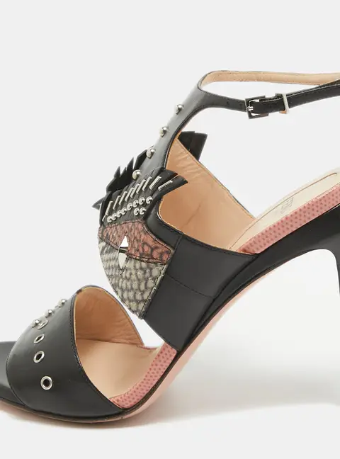 Fendi Black Studded Leather Rocker Bug Ankle-Strap Sandals Size 36