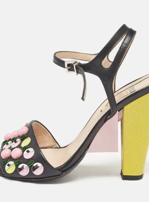 Fendi Size 36 Black Leather and Lizard Embossed Leather Ankle Strap Sandals