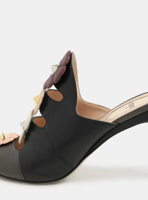 Fendi Black/Grey Leather Flowerland Slide Sandals Size 36
