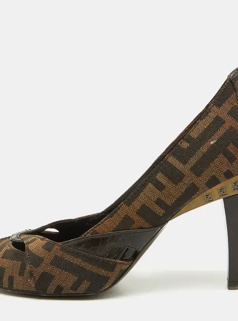 Fendi Tobacco Zucca Canvas and Leather Peep Toe Pumps Size 38