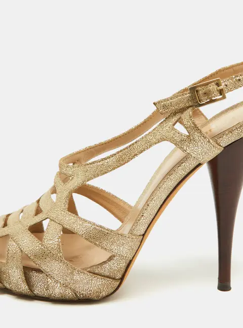 Fendi Metallic Gold Suede Caged Ankle Strap Platform Sandals Size 37.5