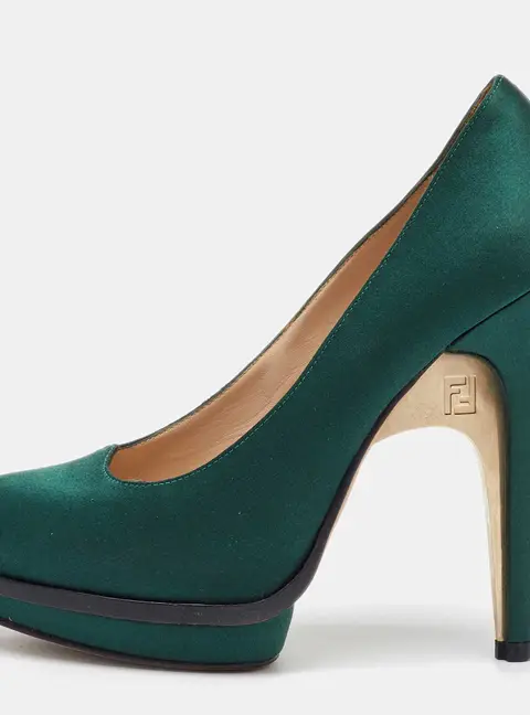 Fendi Dark Green Satin Bridge Heel Platform Pumps Size 38